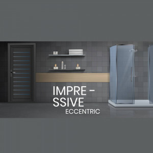 Modern bathroom with glass shower and dark tile walls