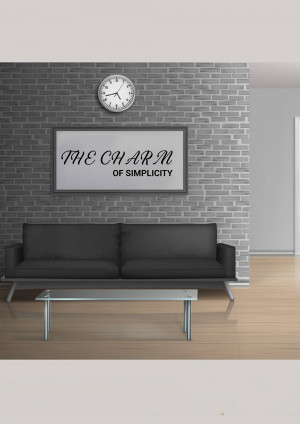 Living room interior with wall art and a black sofa
