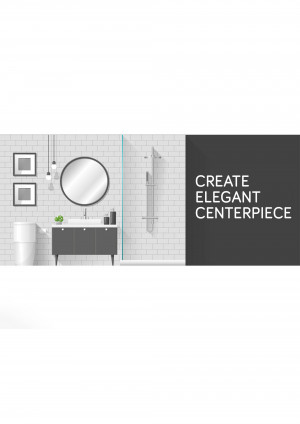 A modern bathroom interior with a walk-in shower, vanity, and decorative elements.