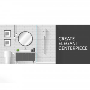 Illustration of a modern bathroom with a walk-in shower and vanity.