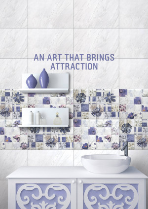 Bathroom interior with white and blue floral patterned tiles, a white vanity, and decorative accents.