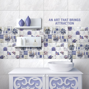 Bathroom wall with patterned tiles, a vanity, and decorative items.