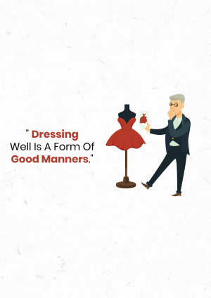Illustration of a man presenting a red dress to a mannequin with the quote 'Dressing Well Is A Form Of Good Manners'.
