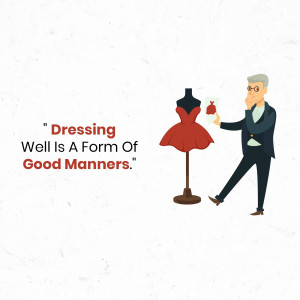Illustration of a man holding a red dress near a mannequin with a quote about dressing well.