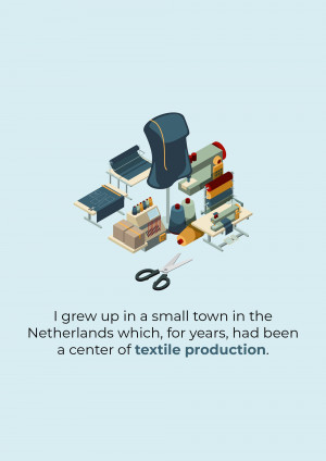 Isometric illustration of sewing and textile production tools with text overlay.