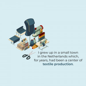 Isometric illustration of sewing tools and fabric with text about textile production.