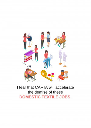 Illustration depicting various stages of textile production with text about job losses due to CAFTA.