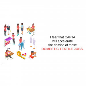 Illustration depicting textile industry workers with text about CAFTA's potential negative impact.