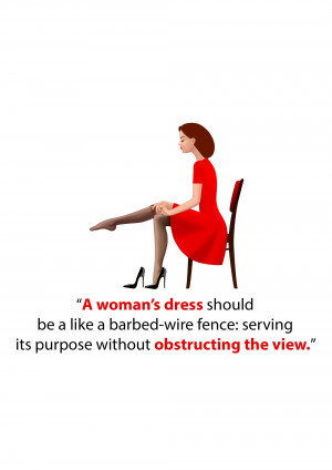 Illustration of a woman in a red dress with a fashion quote about dresses.