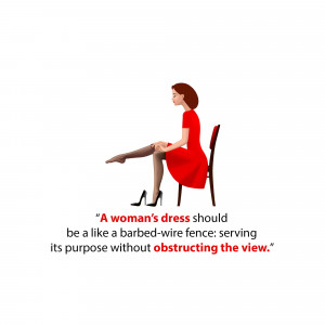 Illustration of a woman in a red dress sitting on a chair with a quote about dresses.