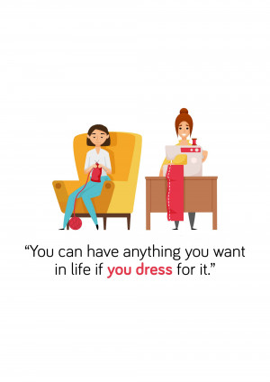 Illustration of a woman knitting in an armchair and another woman sewing at a desk, with a motivational quote.