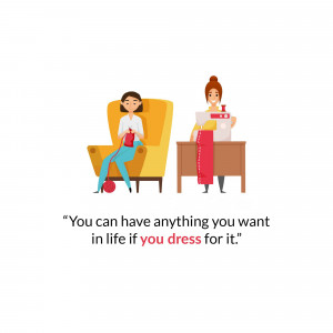 Illustration of two women, one knitting and the other sewing, with a motivational quote.