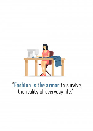Illustration of a woman sewing at a desk with fabric and a sewing machine.