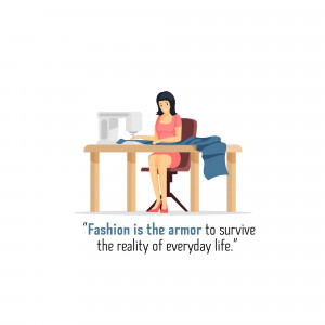 Illustration of a woman sewing at a desk with a quote about fashion.