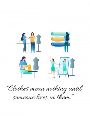 Illustration of the fashion design process from concept to finished garment.