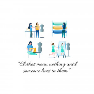 Illustration of various stages of fashion design, including sketching, fitting, and fabric selection.