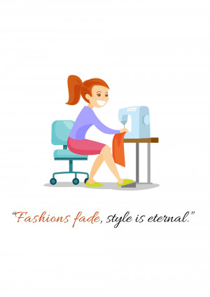 Cartoon illustration of a woman sewing on a sewing machine.