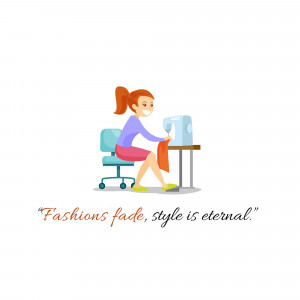 Cartoon illustration of a woman sewing at a desk.