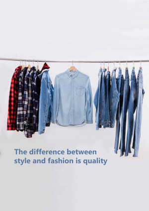 A rack of casual clothing including shirts and jeans.