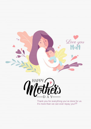 Illustration of a mother holding her sleeping baby with 'Happy Mother's Day' text.