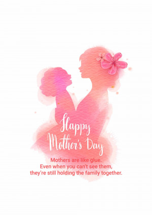 Watercolor illustration of a mother and child silhouette with 'Happy Mother's Day' text.
