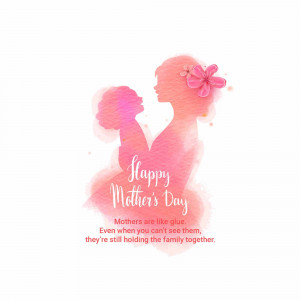 Watercolor illustration of a mother and child silhouette with a floral element and 'Happy Mother's Day' text.