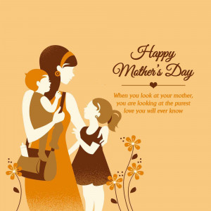 Illustration of a mother with two children, wishing a Happy Mother's Day.