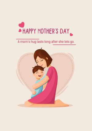 Illustration of a mother and child hugging with a heart shape in the background, wishing a Happy Mother's Day.