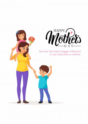Illustration of a mother carrying her daughter on her shoulders and holding hands with her son, with 'Happy Mother's Day' text.