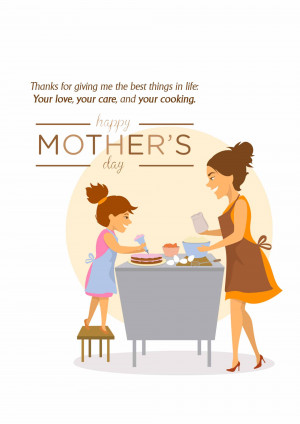 Illustration of a mother and daughter baking a cake together for Mother's Day.