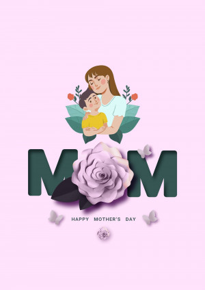 Illustration of a mother and son with the word 'MOM' and floral decorations for Mother's Day.