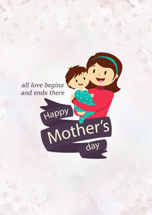 Illustration of a mother holding her baby with a 'Happy Mother's Day' message.