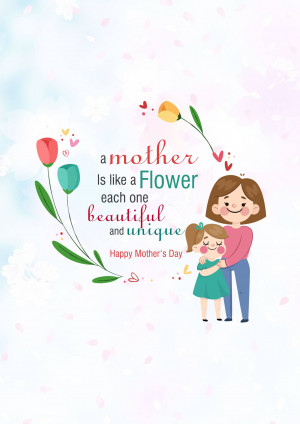 Illustration of a mother and daughter with flowers and a 'Happy Mother's Day' message.