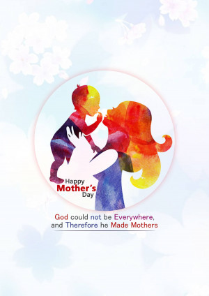 Watercolor illustration of a mother and child with 'Happy Mother's Day' text.