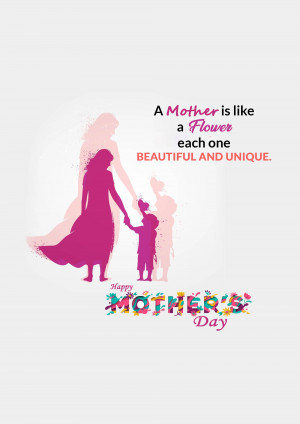Silhouette of a mother and child with floral elements and Mother's Day text.