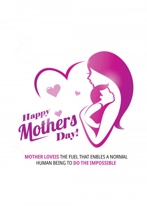Illustration of a mother and child silhouette with a heart and the text 'Happy Mother's Day'