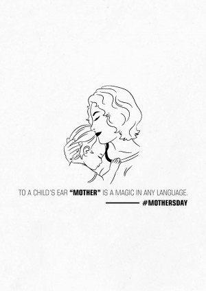 Line art illustration of a mother and child embracing with a quote about motherhood.