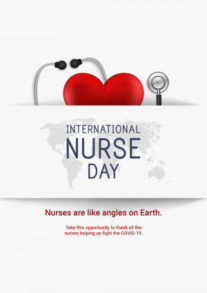 International Nurse Day graphic with a heart, stethoscope, and world map.
