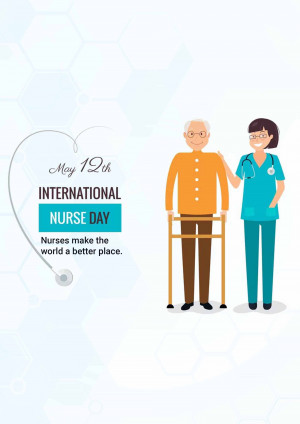 Illustration of a nurse assisting a senior man with a walker, celebrating International Nurse Day on May 12th.