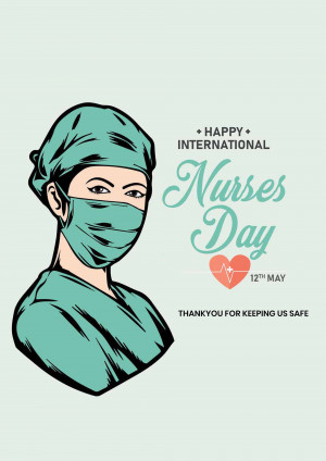 Illustration of a nurse wearing a mask and cap with text celebrating International Nurses Day