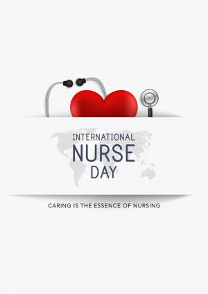 International Nurse Day graphic with a heart, stethoscope, and world map