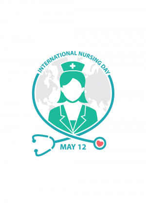 Illustration for International Nursing Day featuring a nurse silhouette with a stethoscope and heart.