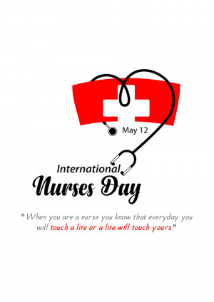 International Nurses Day graphic with a stethoscope forming a heart shape and a red nurse cap.