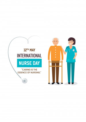 Illustration of a nurse assisting an elderly man with a walker, celebrating International Nurse Day.