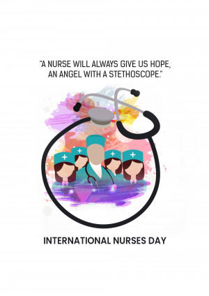 Illustration of a stethoscope forming a circle with nurse silhouettes and watercolor splashes, celebrating International Nurses Day.