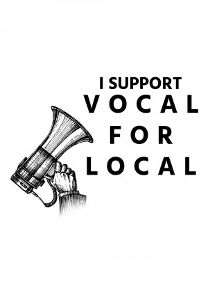 Illustration of a hand holding a megaphone with the text 'I Support Vocal For Local'