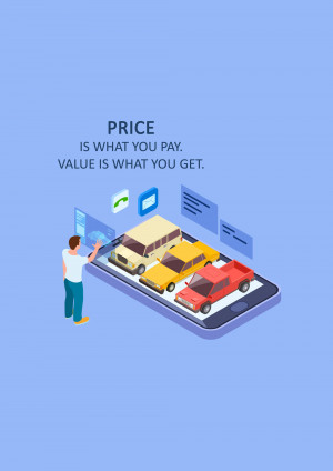 Isometric illustration of a person interacting with a smartphone displaying cars and financial information, emphasizing the difference between price and value.