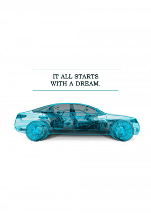 X-ray view of a Tesla Model S with the text 'It all starts with a dream'