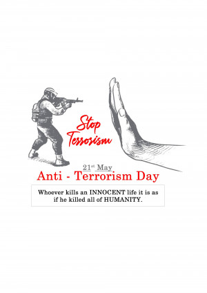 Illustration depicting a soldier aiming a weapon with a hand stopping him, promoting Anti-Terrorism Day.
