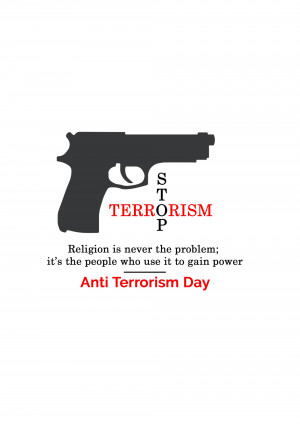 Image depicting a gun with the text 'STOP TERRORISM' and a message about the root causes of terrorism.